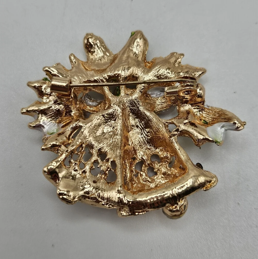 Rhinestone Accent Christmas Holiday Bells Gold Tone Brooch Pin Holiday